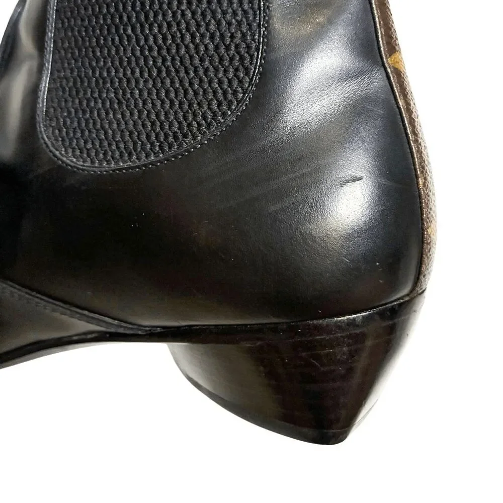 Louis Vuitton Monogram Pointed Toe Chelsea Ankle Boot Heels Black Leather EU 37